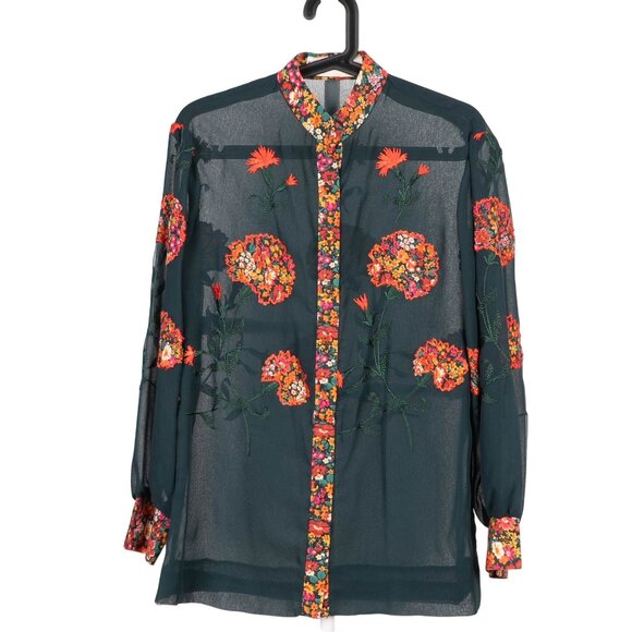 VTG Sheer Tunic Blouse 6 Floral Embroidered 70s Sash Tie Fairy Whimsy Lagenlook - Picture 4 of 10